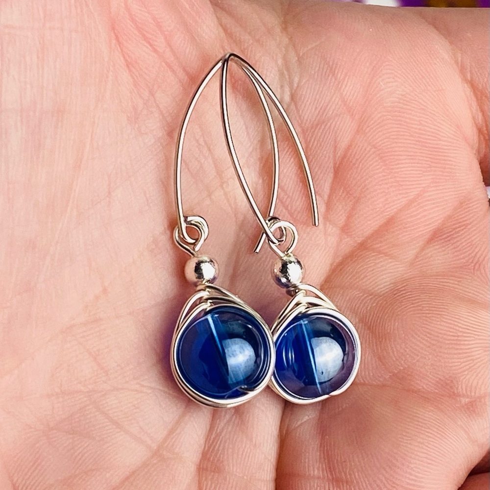 Artisan Crafted Wire Wrapped Blue Iridescent Glass Bead Dangle Earrings